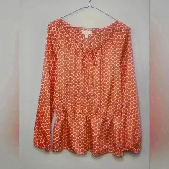 Charter Club orange white women's long sleeve with elastic waist blouse size M - Picture 1 of 8